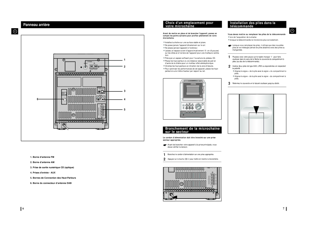 Samsung MMZJ8DABRH/ELS manual Branchement de la microchaîne sur le secteur, Choix d’un emplacement pour votre microchaîne 