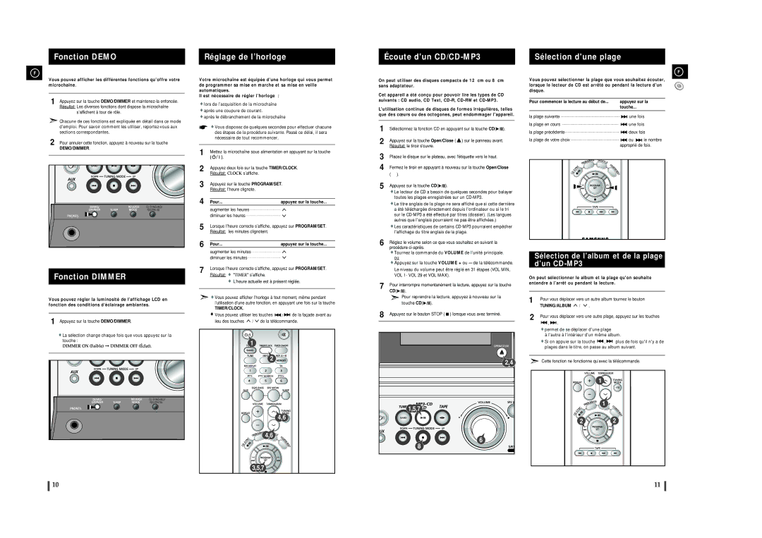 Samsung MMZJ8DABRH/ELS manual Fonction Dimmer, Sélection de l’album et de la plage d’un CD-MP3, Demo/Dimmer, Timer/Clock 