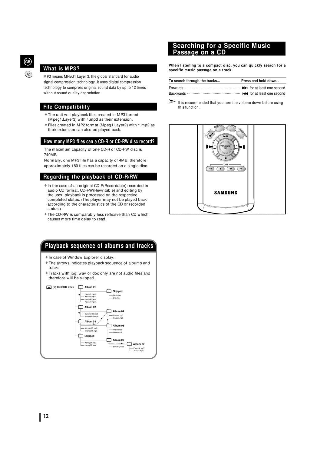 Samsung MMZJ8DABRH/ELS manual Searching for a Specific Music Passage on a CD, Forwards, Backwards 