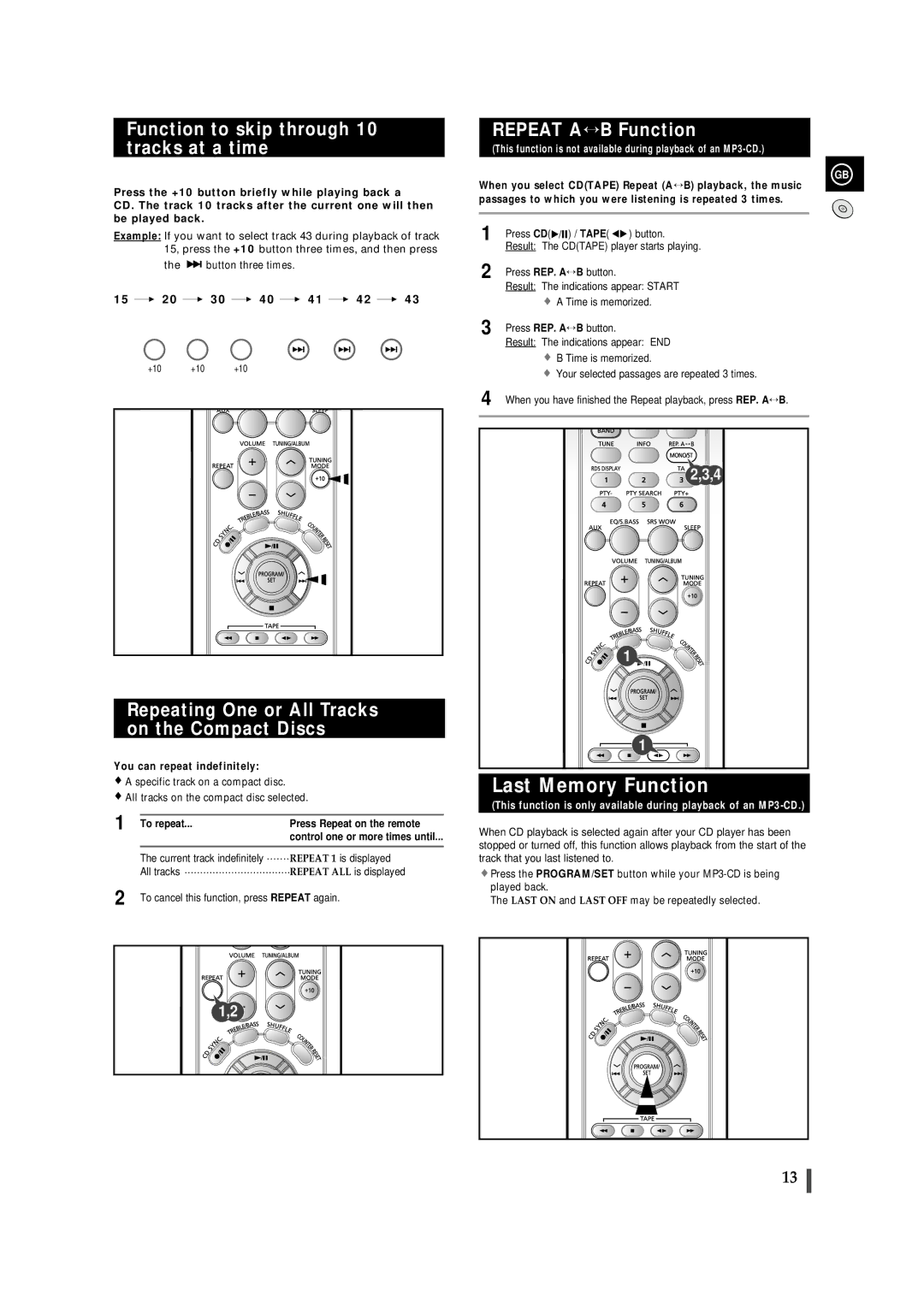 Samsung MMZJ8DABRH/ELS manual Last Memory Function, Function to skip through 10 tracks at a time, Repeat A↔ B Function 