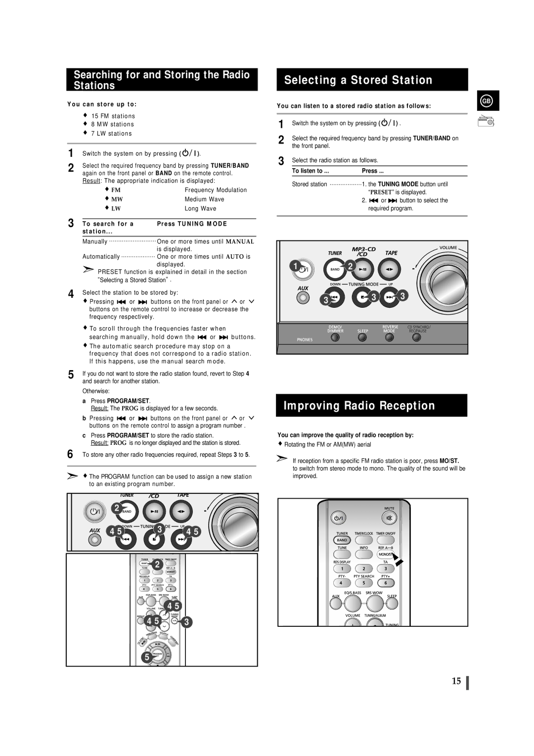 Samsung MMZJ8DABRH/ELS manual Selecting a Stored Station, Improving Radio Reception, To listen to Press 