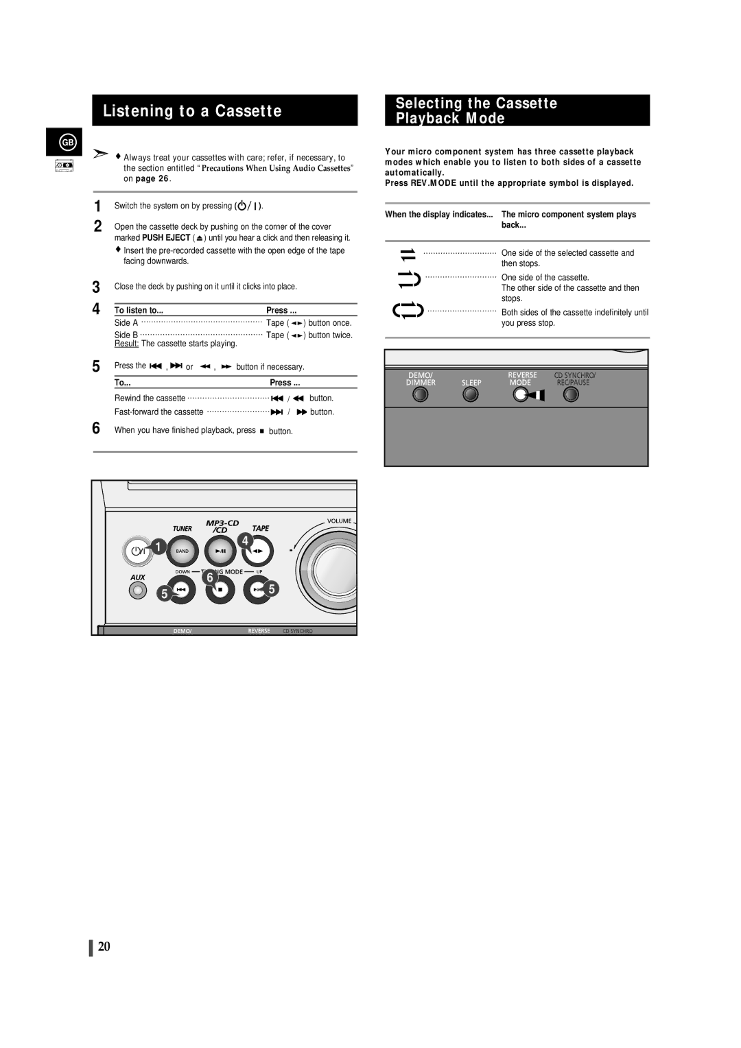 Samsung MMZJ8DABRH/ELS manual Listening to a Cassette, Selecting the Cassette Playback Mode 