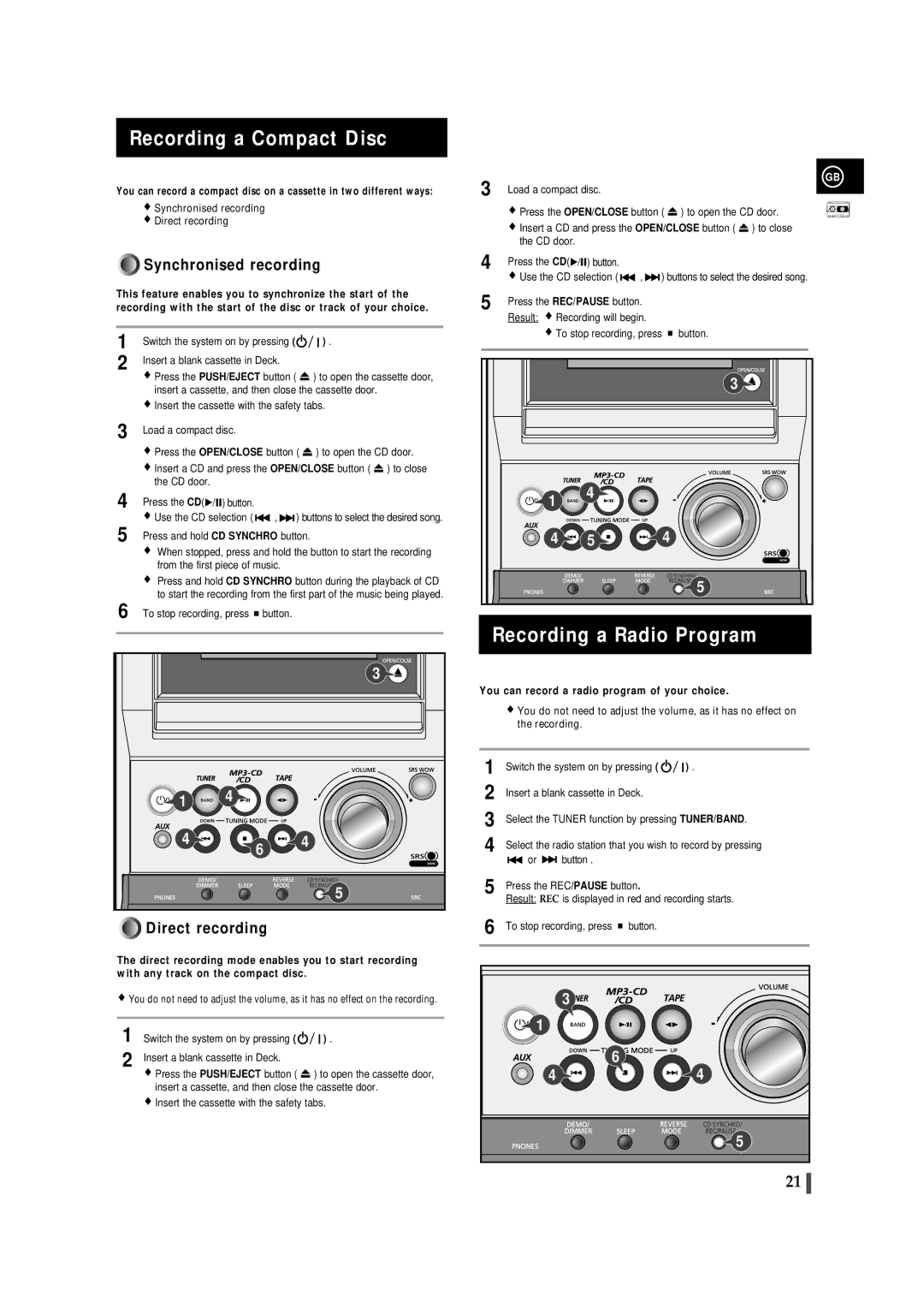 Samsung MMZJ8DABRH/ELS Recording a Compact Disc, Recording a Radio Program, You can record a radio program of your choice 