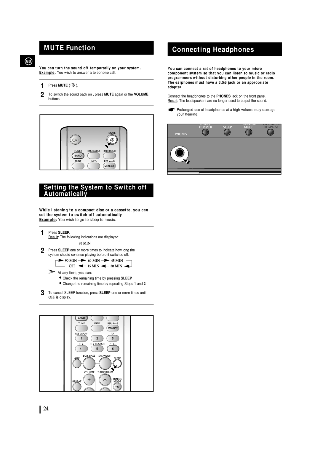 Samsung MMZJ8DABRH/ELS manual Mute Function, Connecting Headphones, Setting the System to Switch off Automatically 