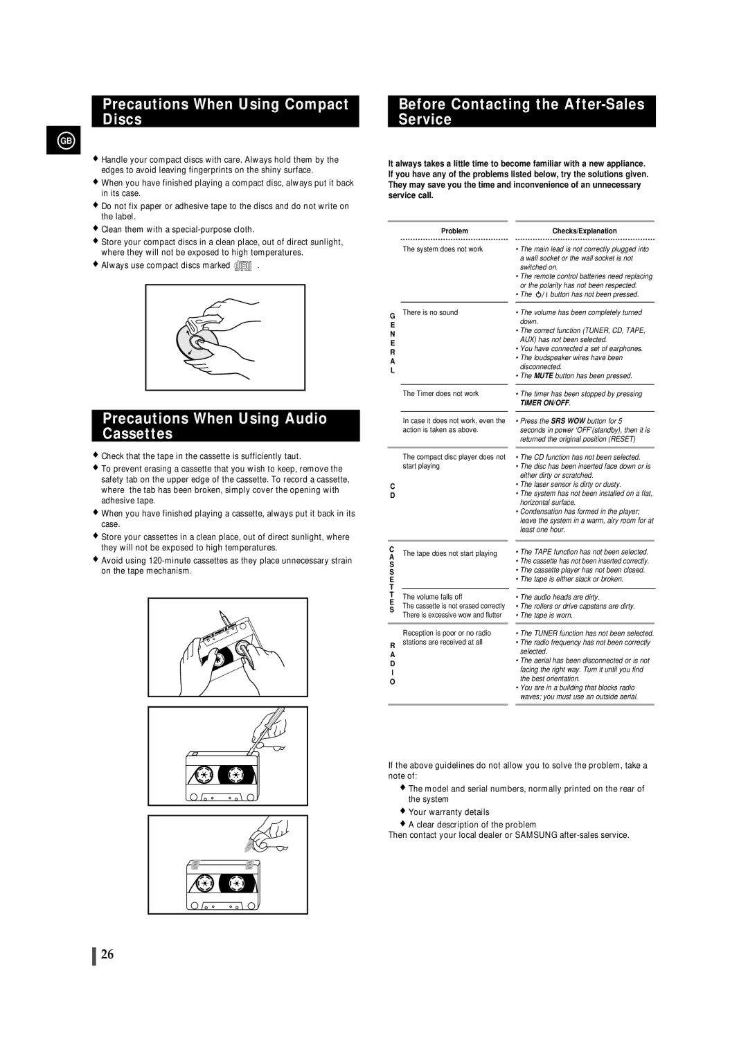 Samsung MMZJ8DABRH/ELS manual Precautions When Using Compact Discs, Before Contacting the After-Sales Service 