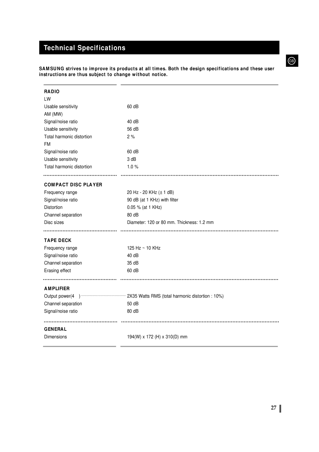 Samsung MMZJ8DABRH/ELS manual Technical Specifications, Compact Disc Player 