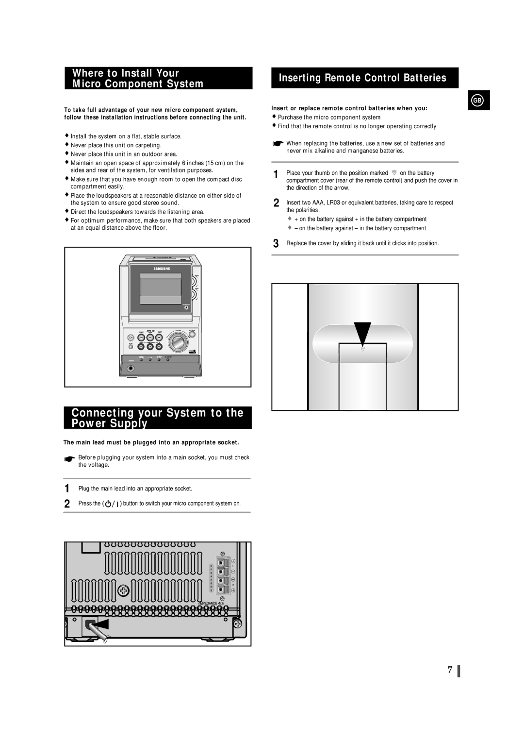 Samsung MMZJ8DABRH/ELS manual Connecting your System to the Power Supply, Where to Install Your Micro Component System 