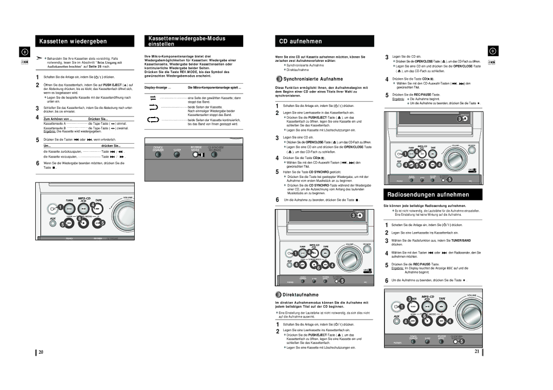 Samsung MMZJ8DABRH/ELS Kassetten wiedergeben, CD aufnehmen, Radiosendungen aufnehmen, Kassettenwiedergabe-Modus einstellen 