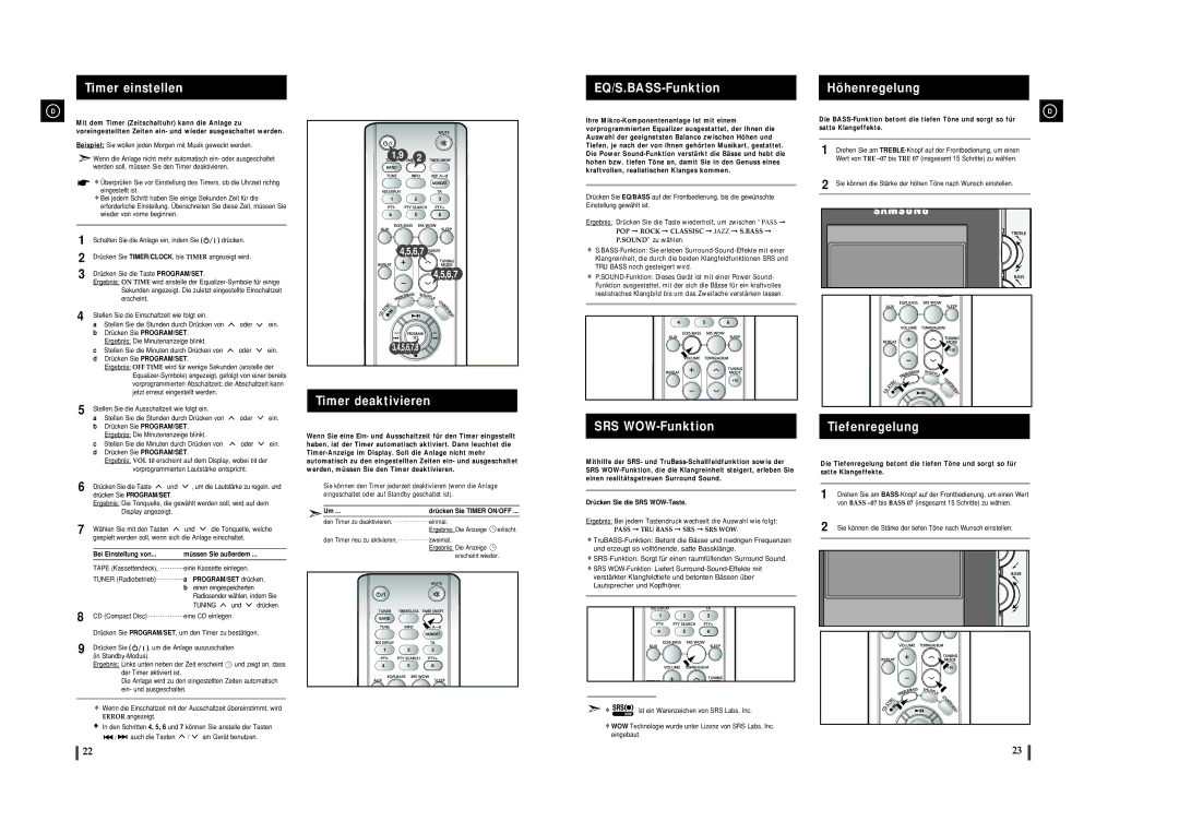 Samsung MMZJ8DABRH/ELS manual Timer einstellen, Timer deaktivieren, EQ/S.BASS-Funktion, SRS WOW-Funktion, Höhenregelung 