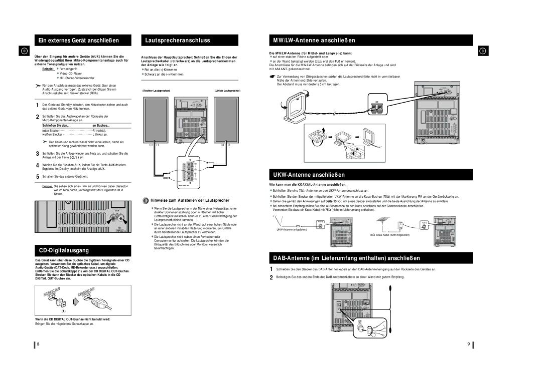 Samsung MMZJ8DABRH/ELS manual CD-Digitalausgang, UKW-Antenne anschließen, DAB-Antenne im Lieferumfang enthalten anschließen 