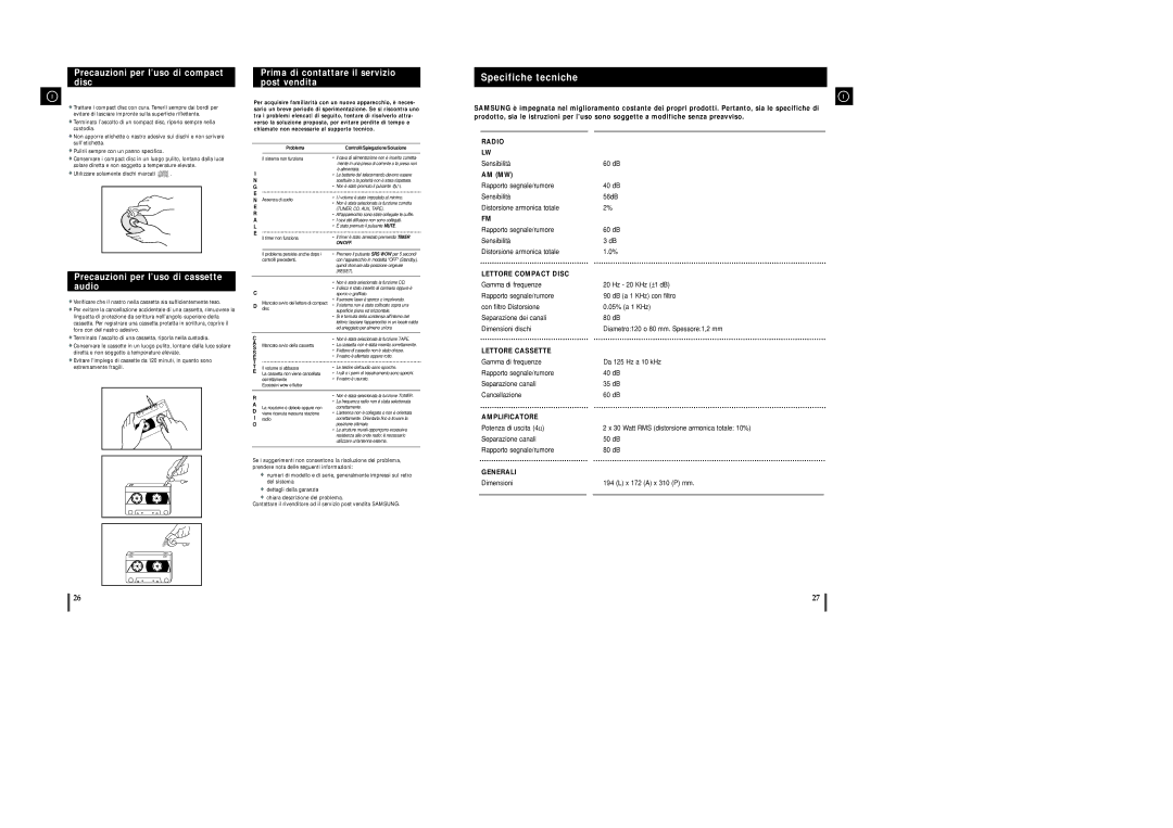 Samsung MMZJ8DABRH/ELS manual Precauzioni per l’uso di compact disc, Prima di contattare il servizio post vendita, A L 