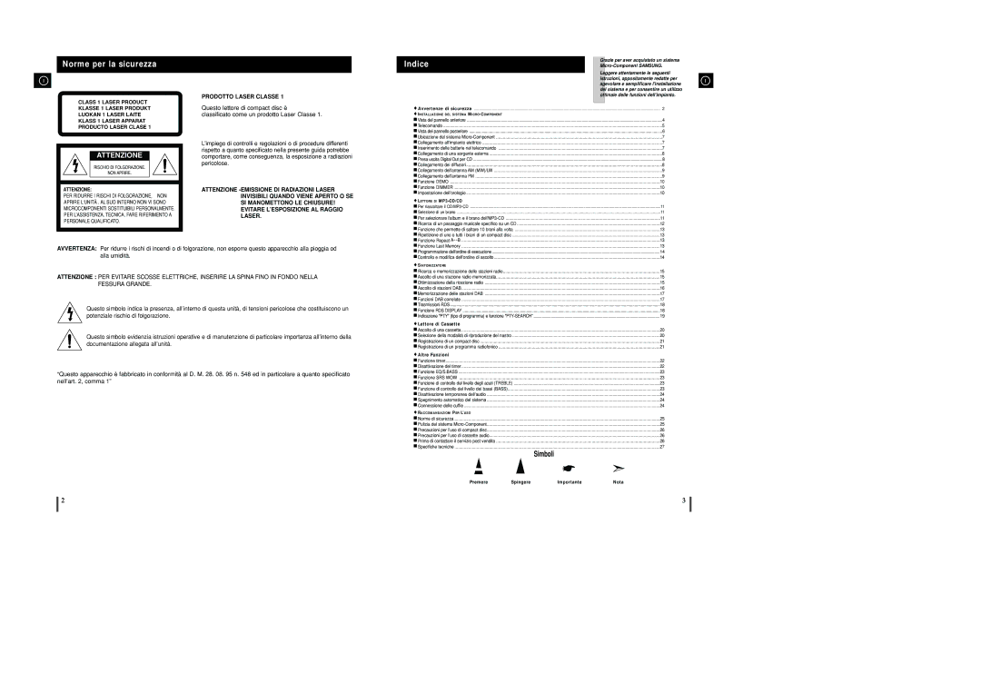 Samsung MMZJ8DABRH/ELS manual Norme per la sicurezza, Indice 