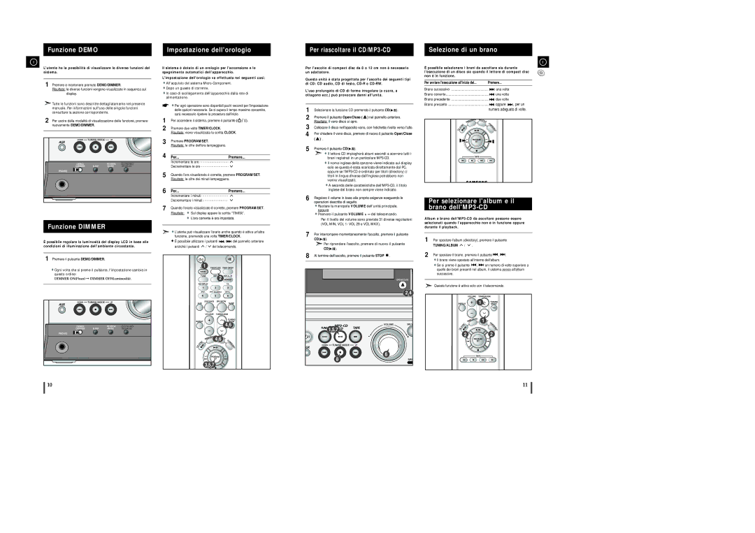 Samsung MMZJ8DABRH/ELS manual Funzione Demo Impostazione dellorologio, Selezione di un brano, Funzione Dimmer, Tuning/Album 