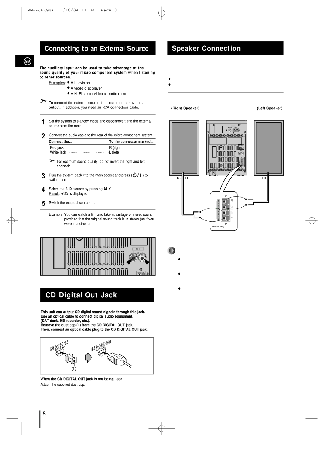 Samsung MMZJ8QH/XFO Connecting to an External Source, CD Digital Out Jack, Speaker Connection, Right Speaker Left Speaker 