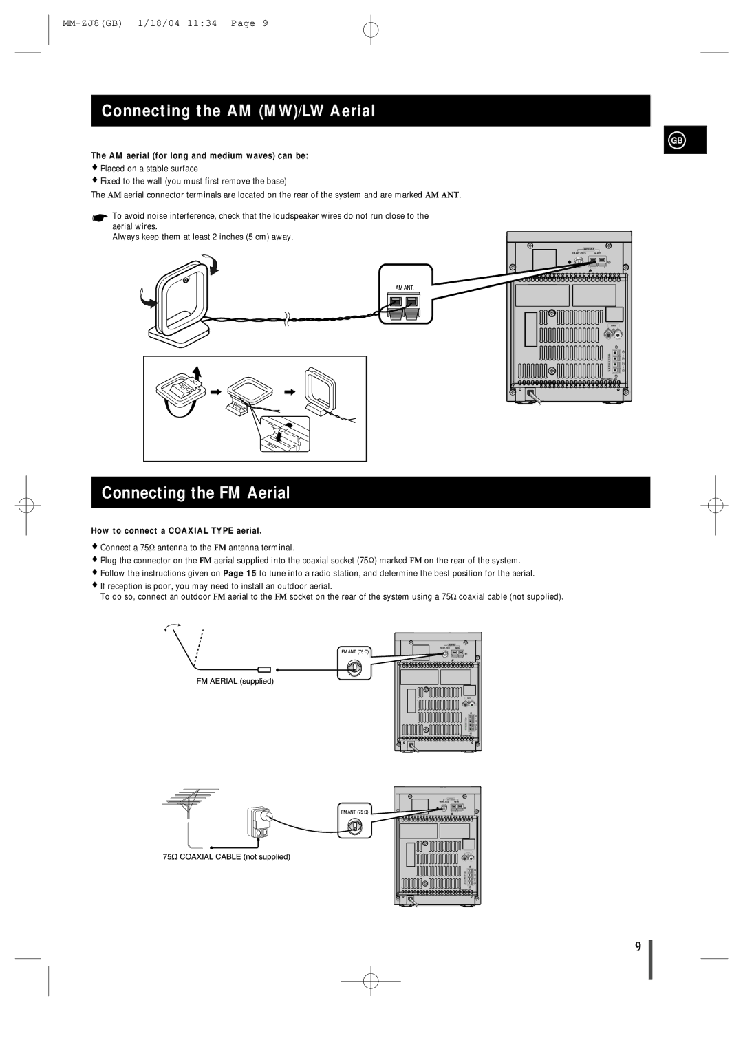 Samsung MMZJ8QH/XFO Connecting the AM MW/LW Aerial, Connecting the FM Aerial, AM aerial for long and medium waves can be 