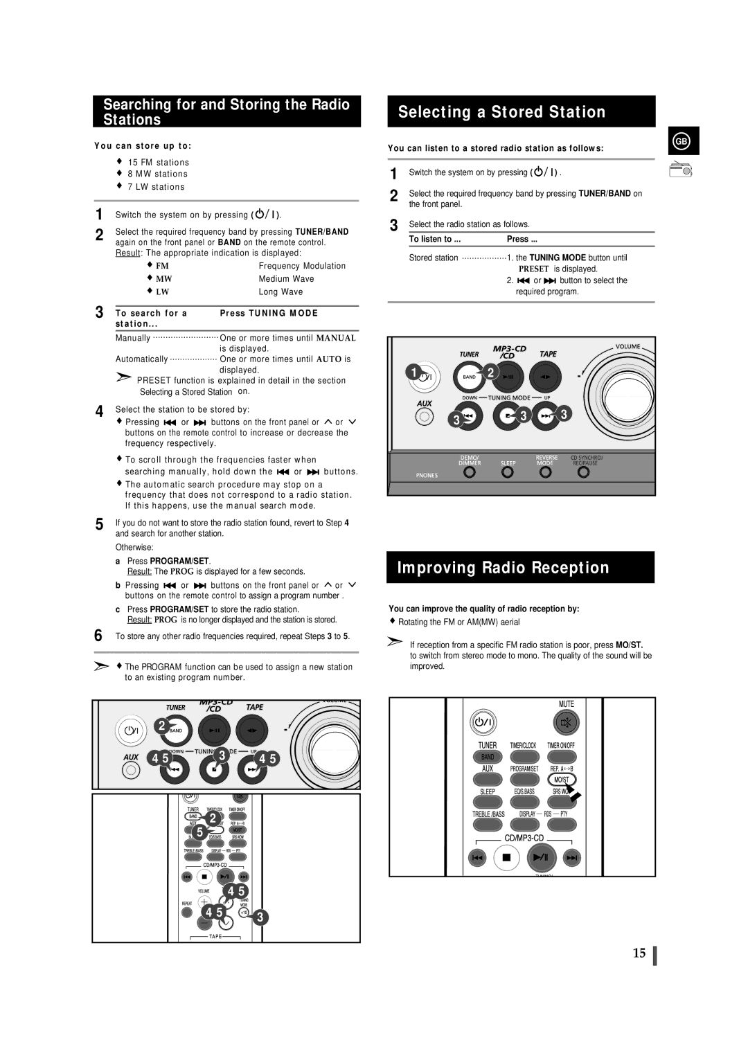 Samsung MMZJ8RH/ELS, MM-ZJ8, MMZJ8QH/XFO manual Selecting a Stored Station, Improving Radio Reception, To listen to Press 