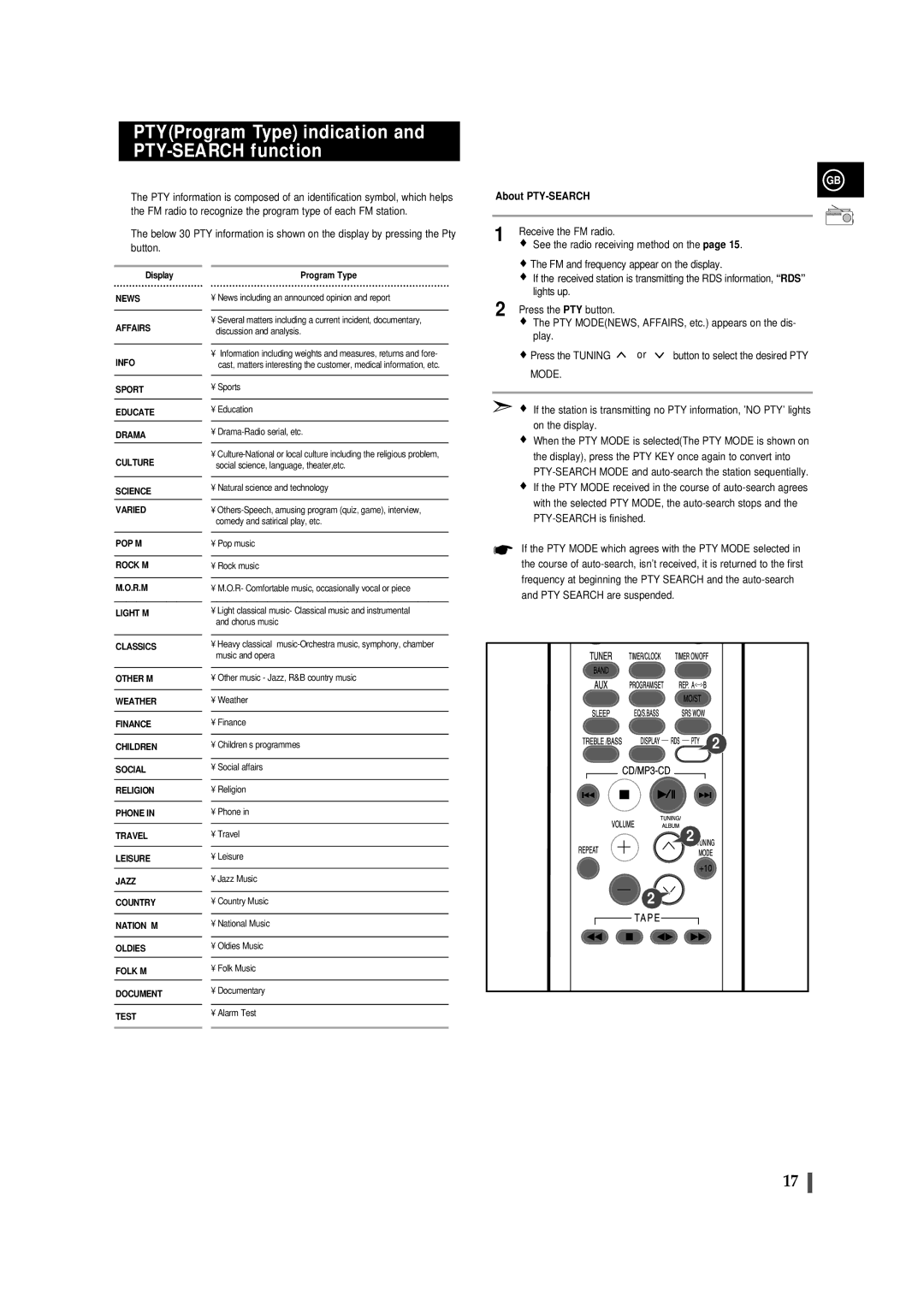 Samsung MMZJ8QH/XFO, MMZJ8RH/ELS, MM-ZJ8 manual PTYProgram Type indication and PTY-SEARCH function, About PTY-SEARCH 