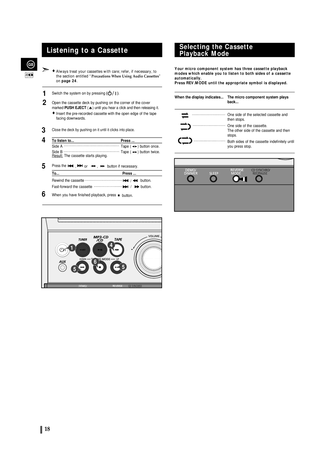 Samsung MMZJ8RH/ELS, MM-ZJ8, MMZJ8QH/XFO manual Listening to a Cassette, Selecting the Cassette Playback Mode 