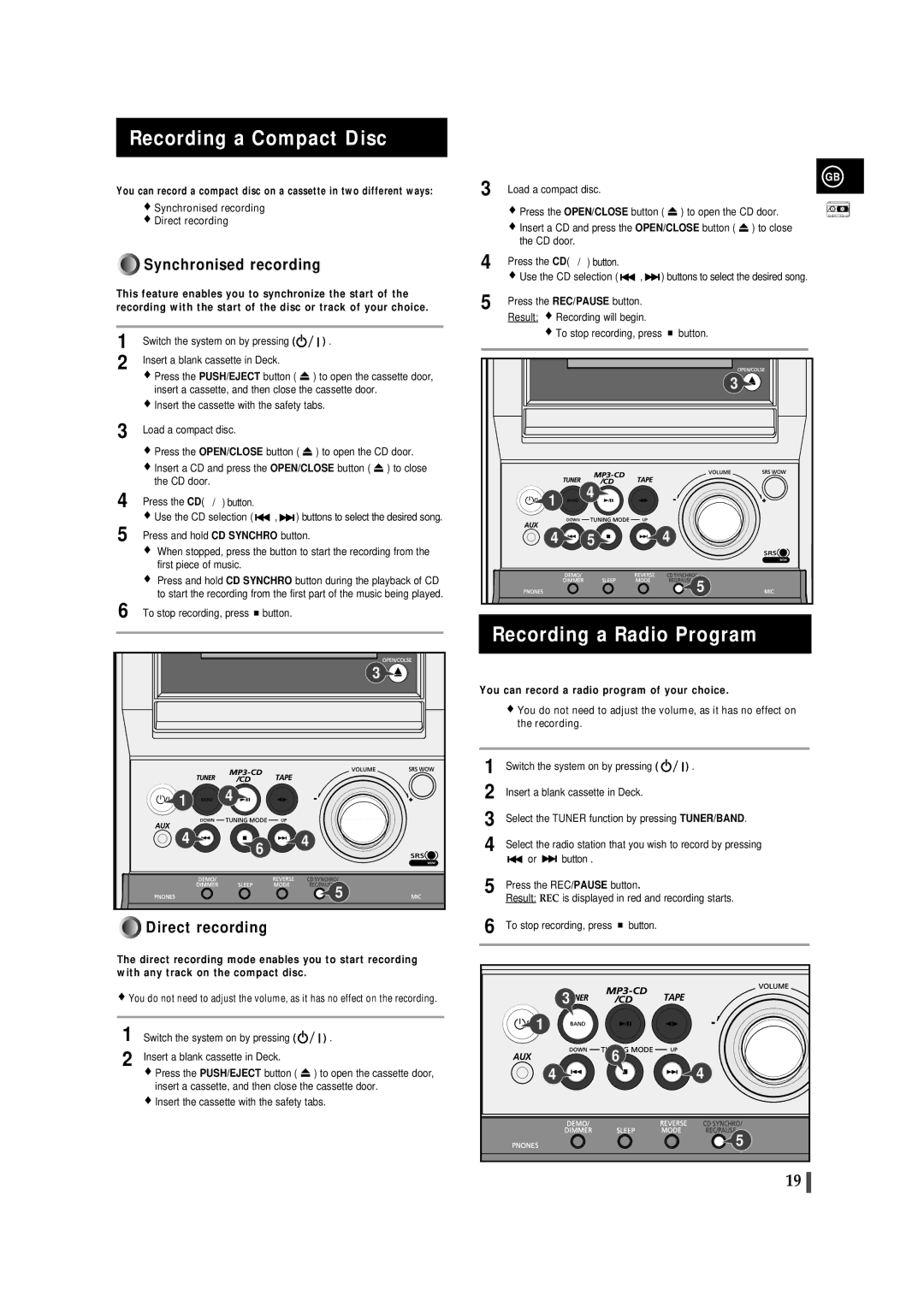 Samsung MM-ZJ8 manual Recording a Compact Disc, Recording a Radio Program, You can record a radio program of your choice 