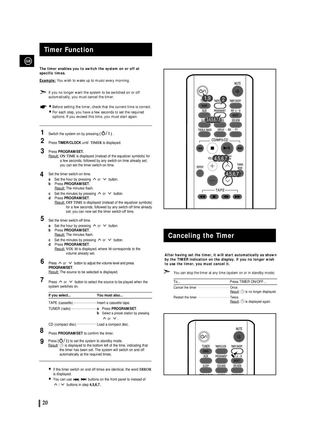 Samsung MMZJ8QH/XFO, MMZJ8RH/ELS manual Timer Function, Canceling the Timer, If you select You must also, Press Timer ON/OFF 