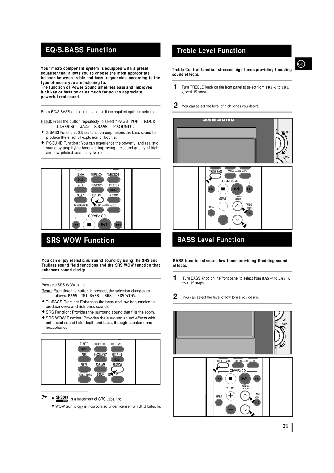 Samsung MMZJ8RH/ELS, MM-ZJ8, MMZJ8QH/XFO EQ/S.BASS Function, SRS WOW Function, Treble Level Function, Bass Level Function 