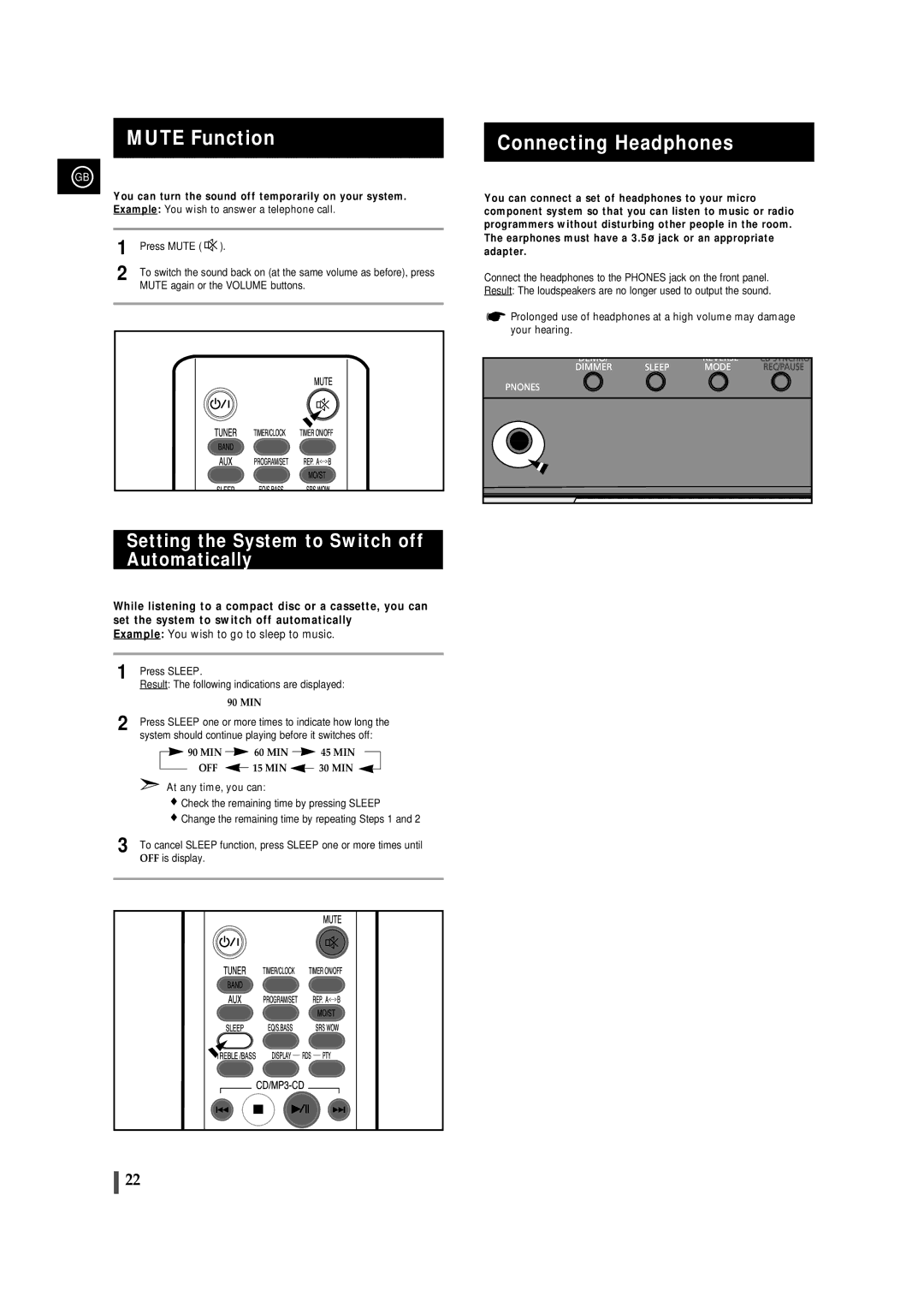 Samsung MM-ZJ8, MMZJ8RH/ELS manual Mute Function, Connecting Headphones, Setting the System to Switch off Automatically 