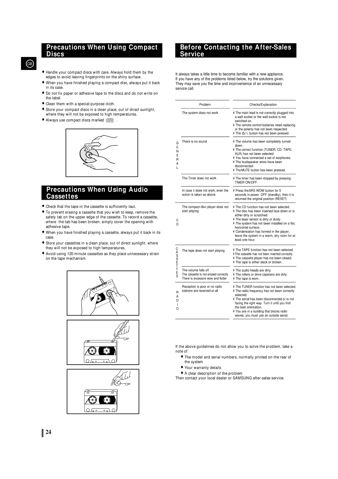 Samsung MMZJ8RH/ELS, MM-ZJ8, MMZJ8QH/XFO Precautions When Using Compact Discs, Before Contacting the After-Sales Service 