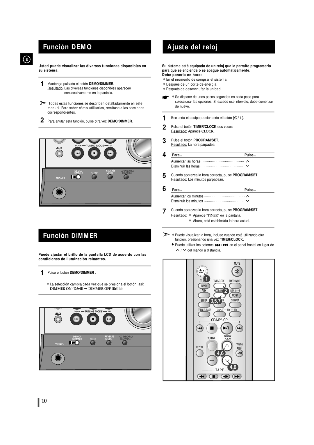 Samsung MMZJ8RH/ELS, MM-ZJ8 manual Función Demo Ajuste del reloj, Función Dimmer, Para...Pulse 