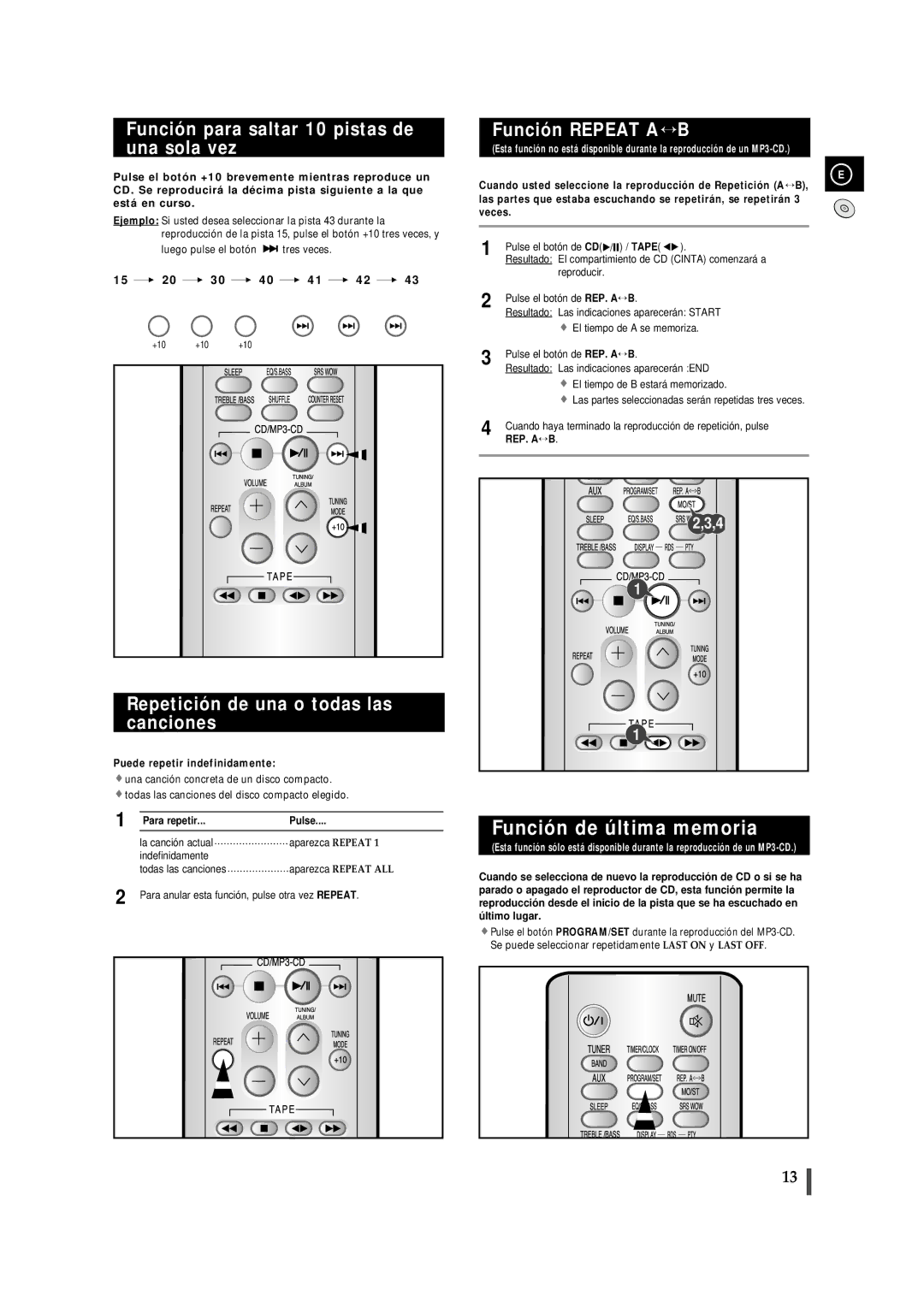 Samsung MM-ZJ8, MMZJ8RH/ELS Función de última memoria, Función para saltar 10 pistas de una sola vez, Función Repeat A↔ B 