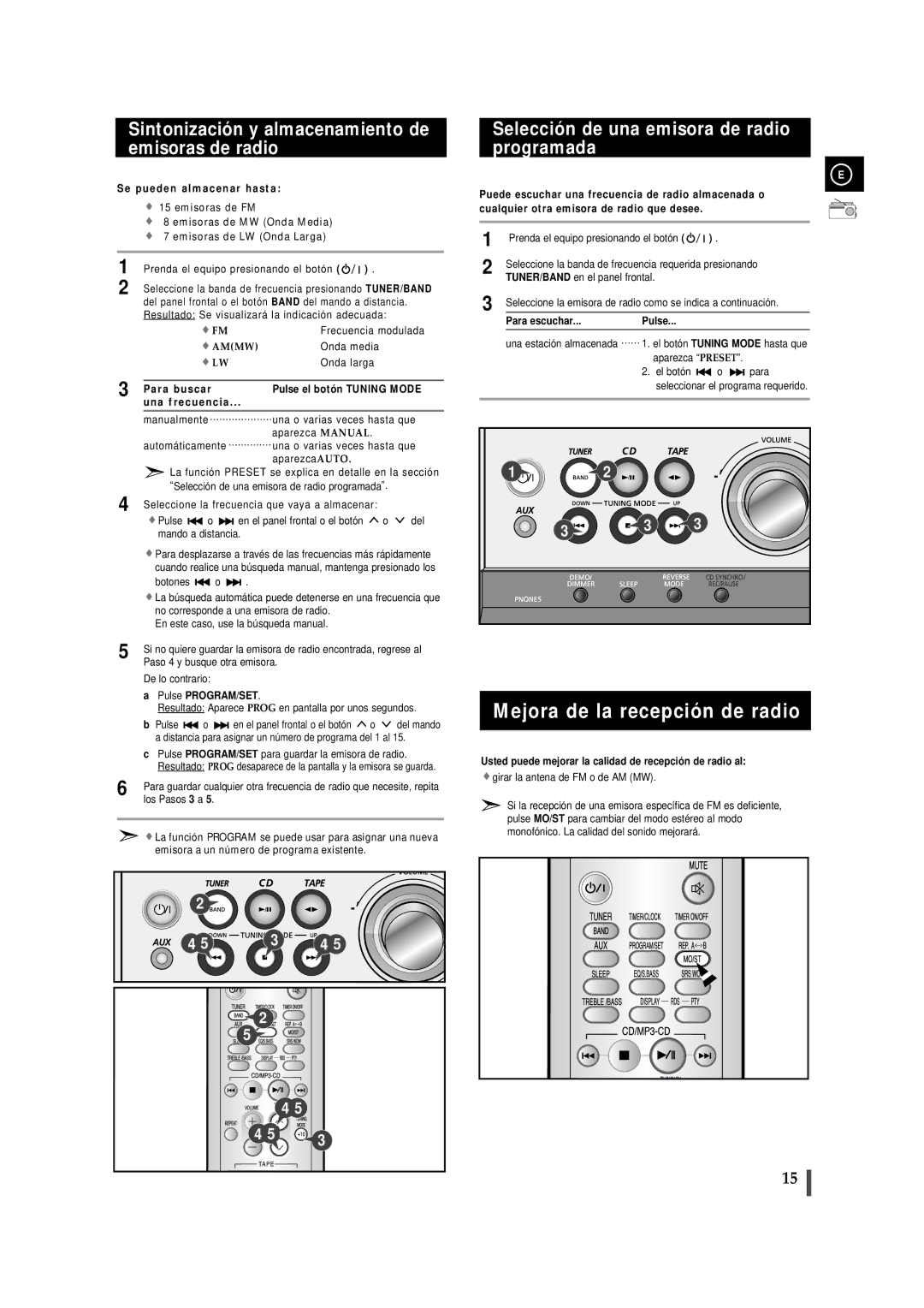 Samsung MM-ZJ8, MMZJ8RH/ELS manual Mejora de la recepción de radio, Sintonización y almacenamiento de emisoras de radio 