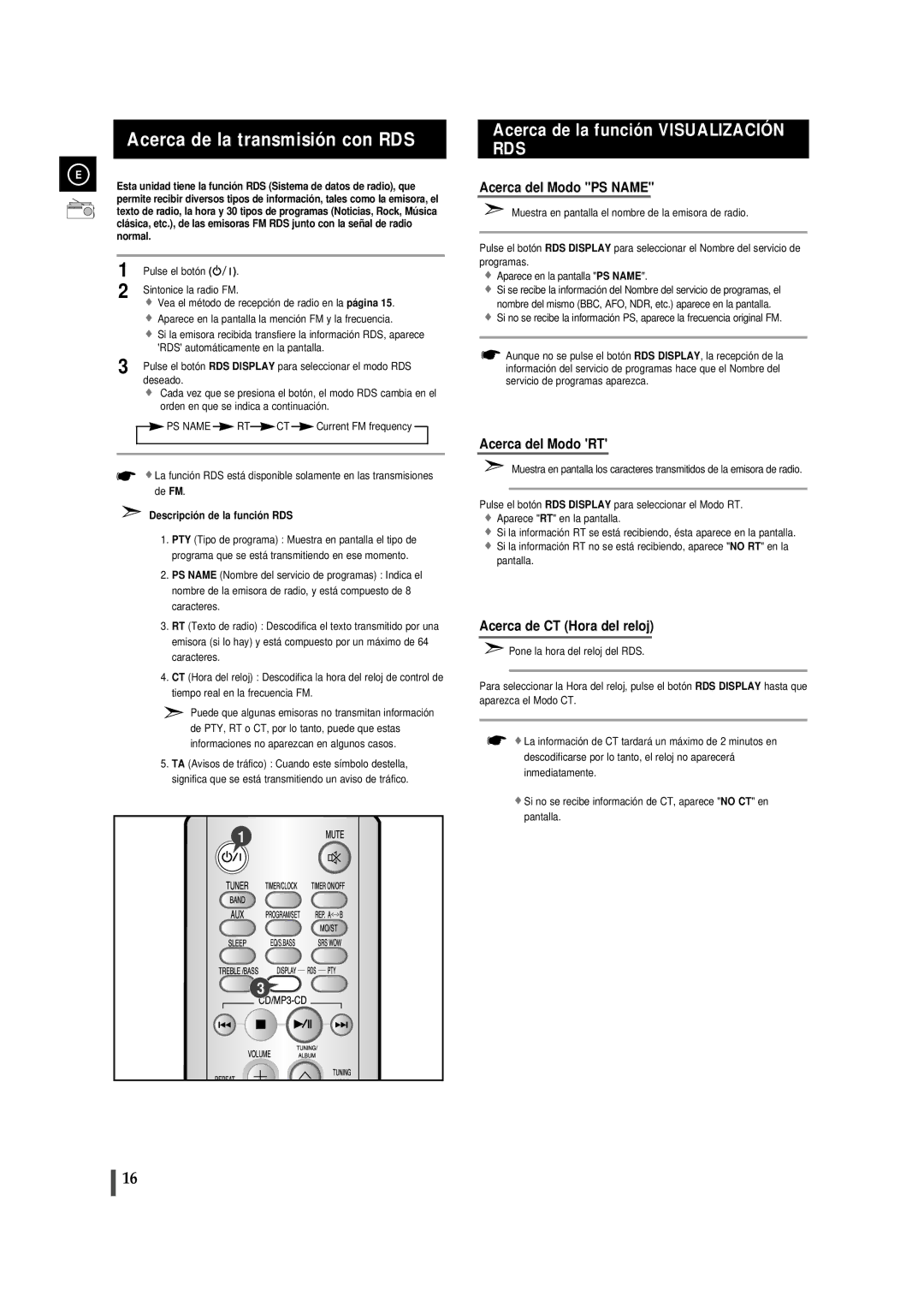 Samsung MMZJ8RH/ELS, MM-ZJ8 manual Acerca de la transmisión con RDS, Descripció n de la funció n RDS 