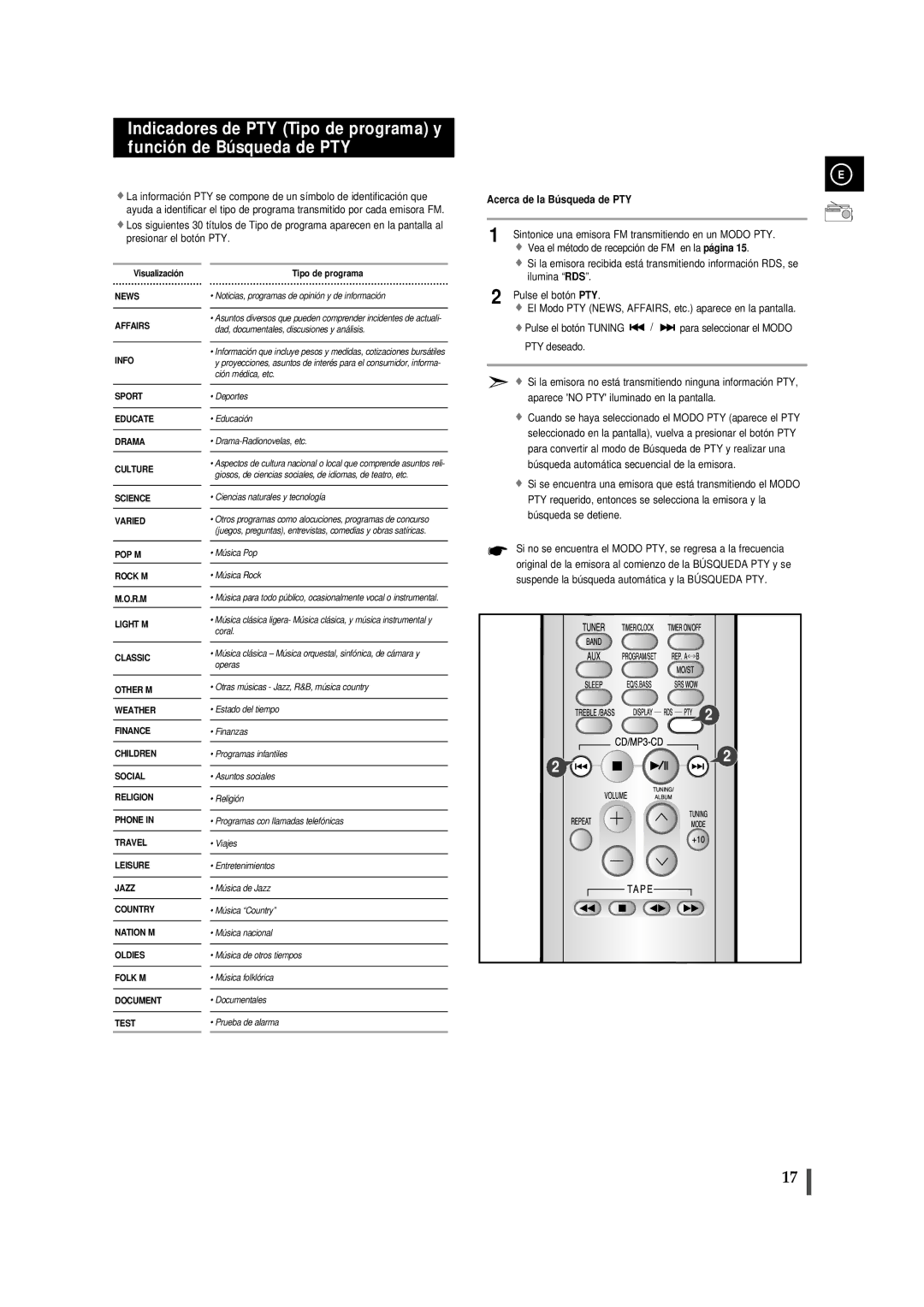 Samsung MM-ZJ8, MMZJ8RH/ELS manual Acerca de la Bú squeda de PTY, Tipo de programa 