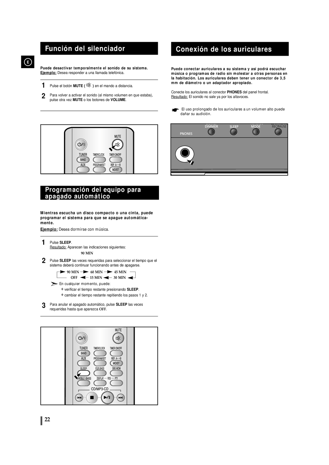 Samsung MMZJ8RH/ELS Función del silenciador, Conexión de los auriculares, Programación del equipo para apagado automático 