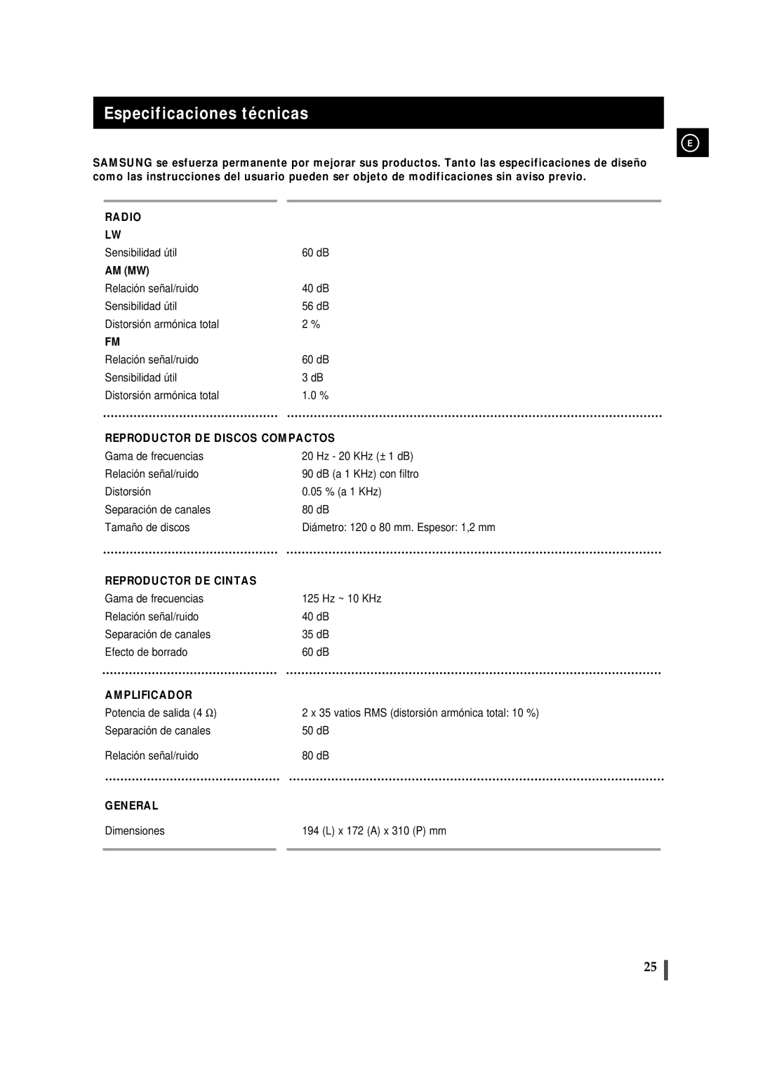 Samsung MM-ZJ8, MMZJ8RH/ELS manual Especificaciones técnicas, Reproductor DE Discos Compactos 