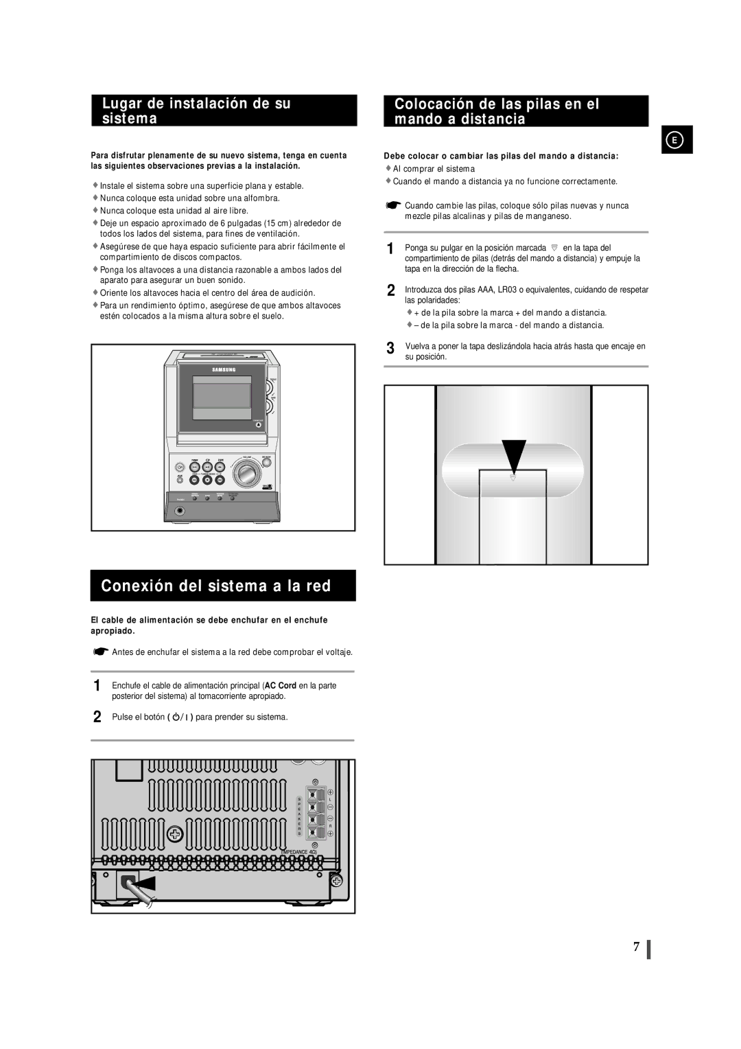 Samsung MM-ZJ8, MMZJ8RH/ELS manual Conexión del sistema a la red, Lugar de instalación de su sistema 