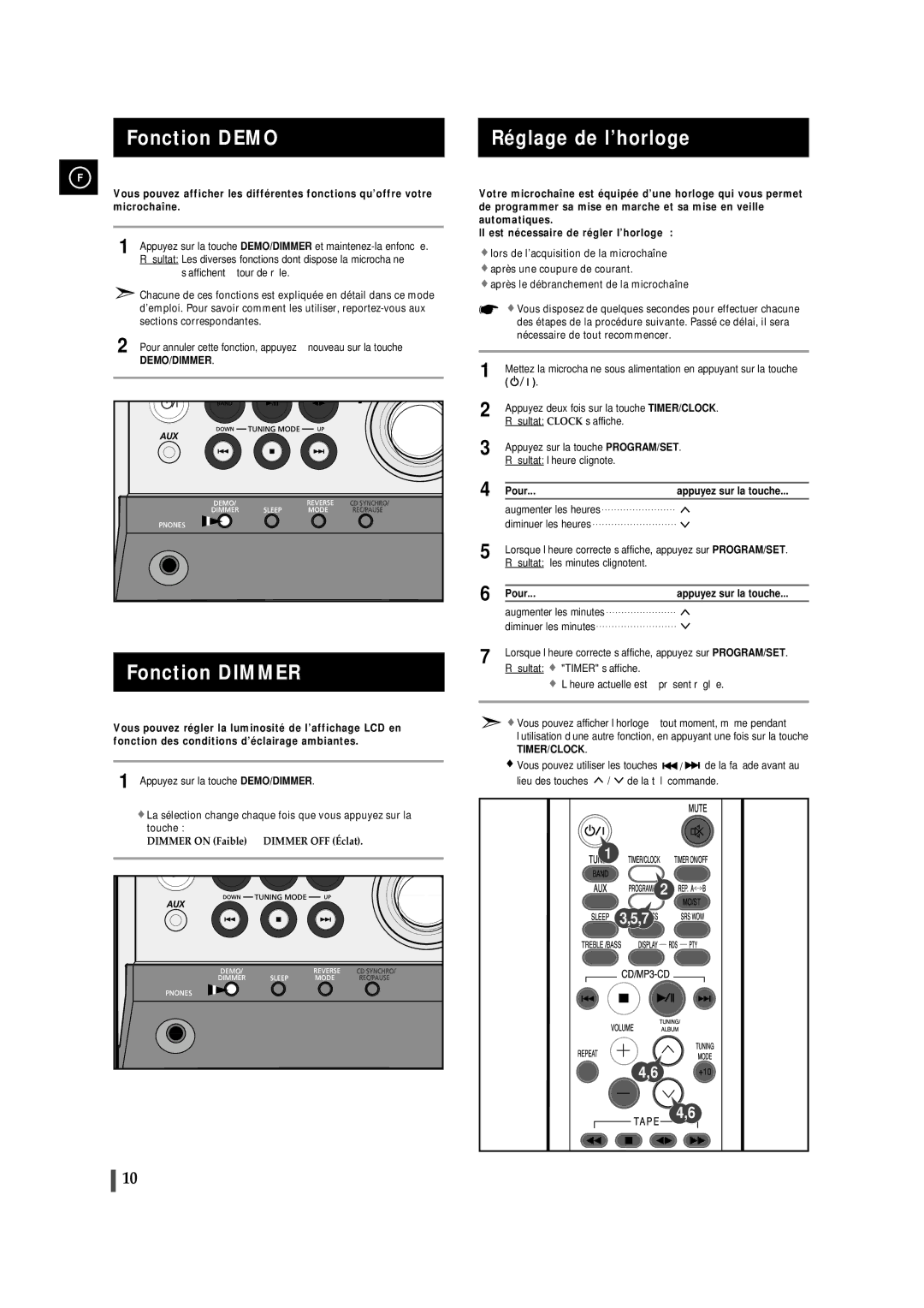 Samsung MMZJ8RH/ELS manual Fonction Demo, Fonction Dimmer, Réglage de l’horloge, Demo/Dimmer, Timer/Clock 