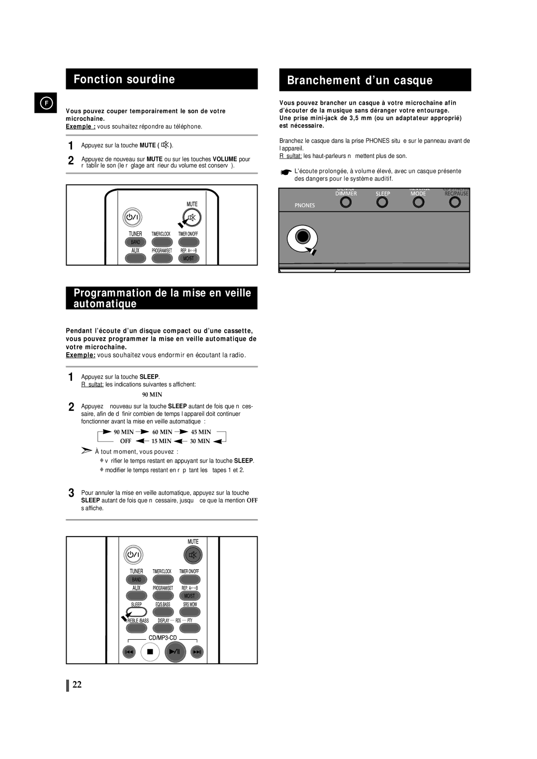 Samsung MMZJ8RH/ELS manual Fonction sourdine, Branchement d’un casque, Programmation de la mise en veille automatique 