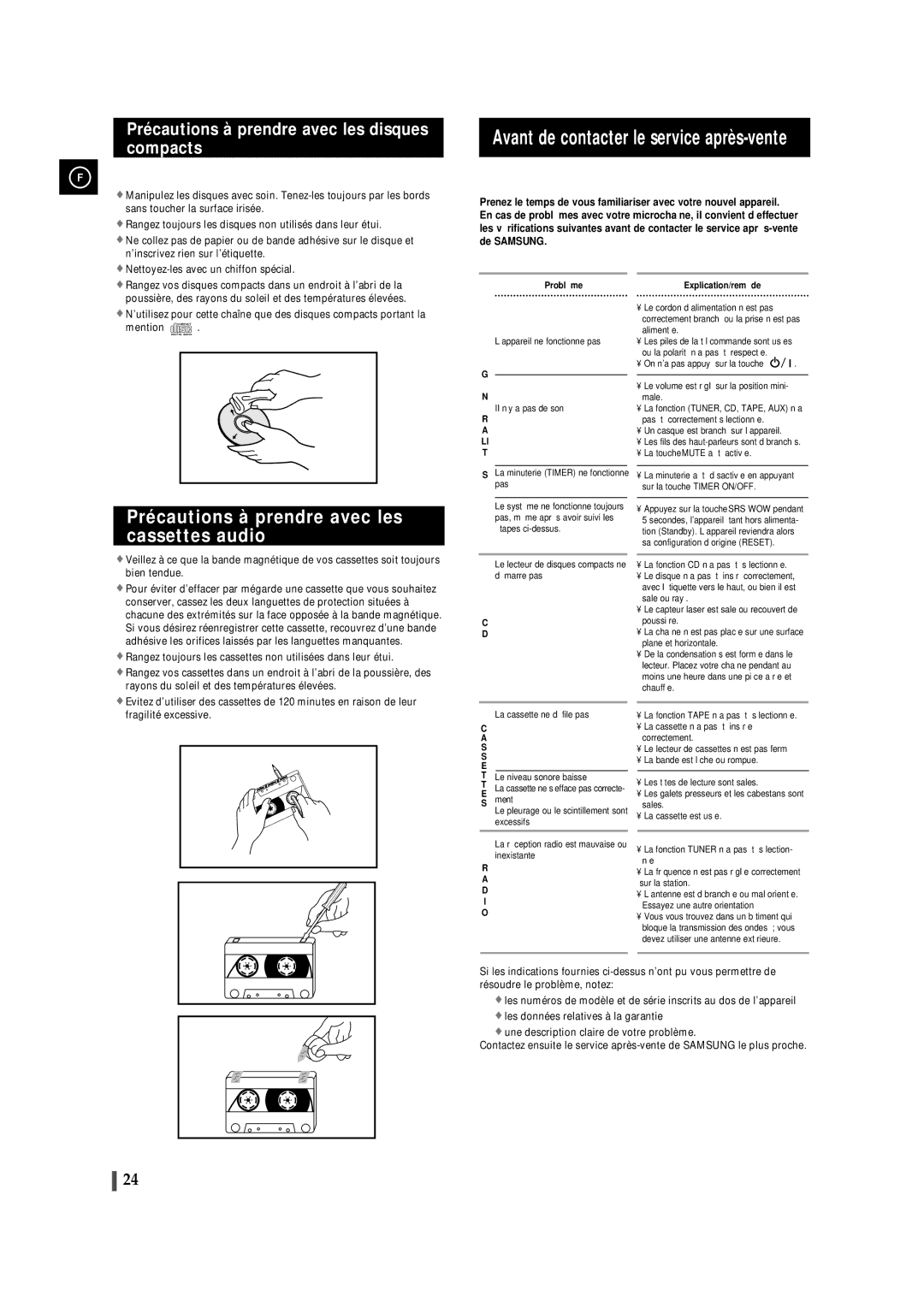 Samsung MMZJ8RH/ELS manual Avant de contacter le service après-vente, Précautions à prendre avec les cassettes audio 