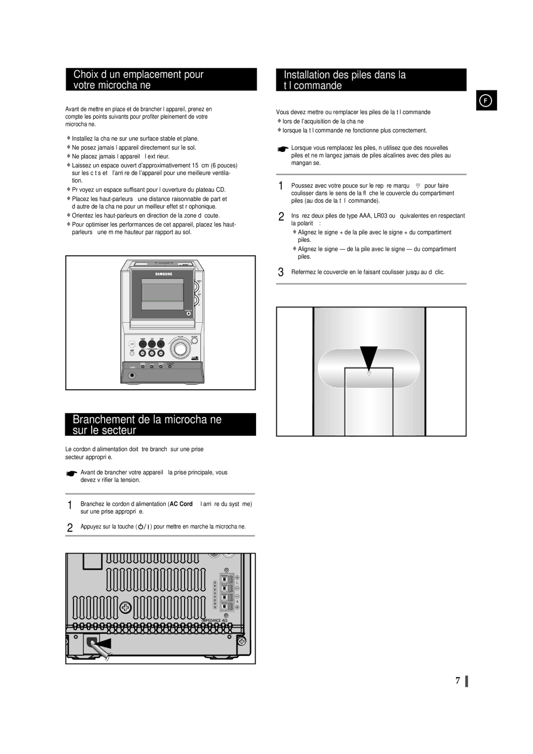 Samsung MMZJ8RH/ELS manual Branchement de la microchaîne sur le secteur, Choix d’un emplacement pour votre microchaîne 