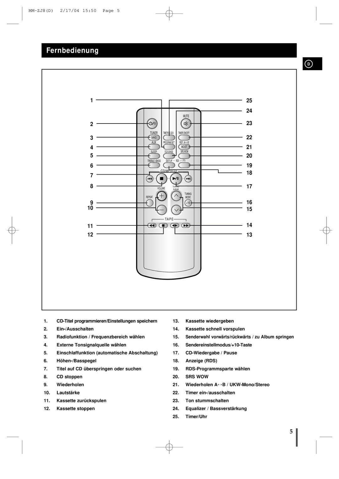 Samsung MMZJ8RH/ELS manual Fernbedienung, Senderwahl vorwärts/rückwärts / zu Album springen 