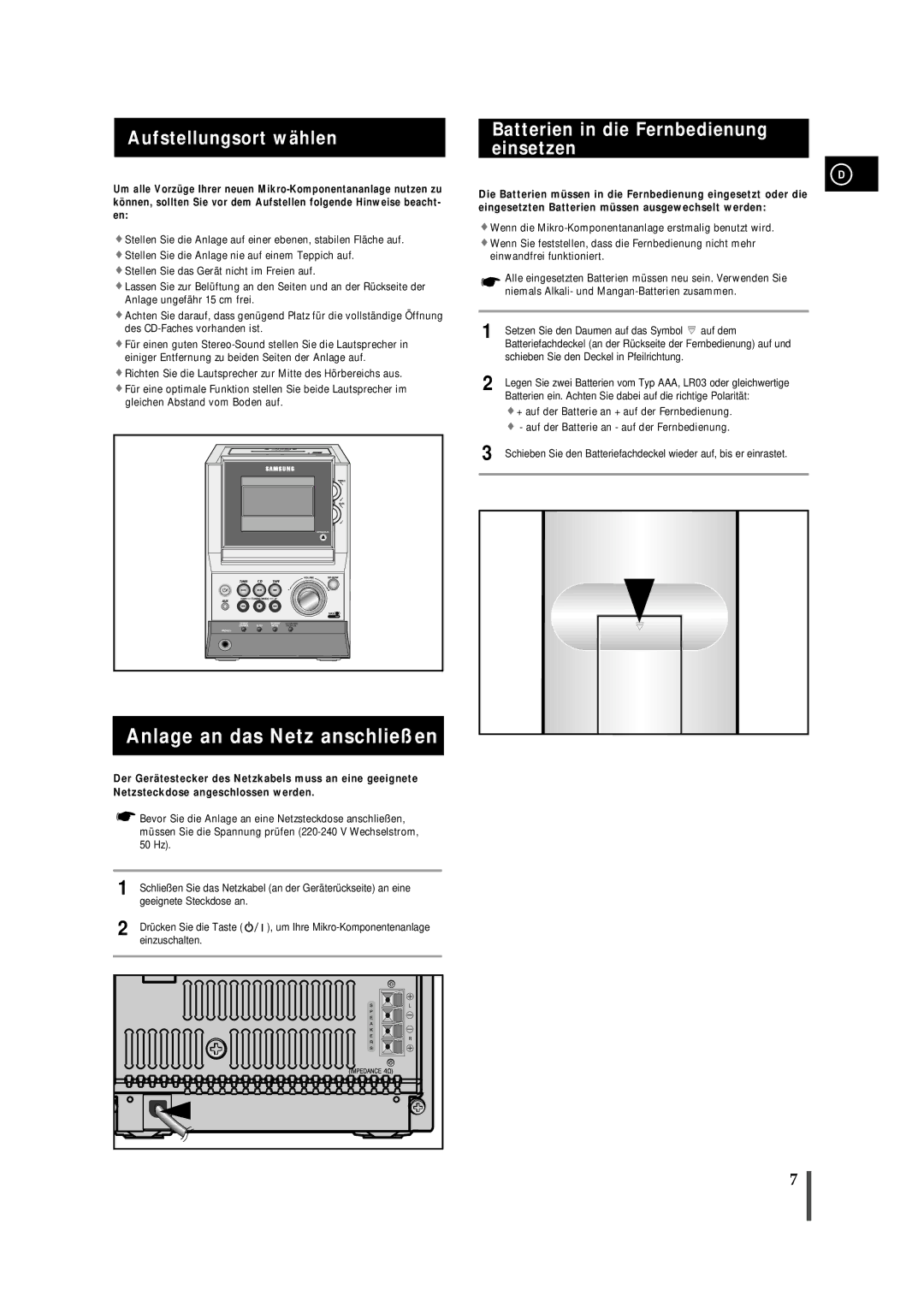 Samsung MMZJ8RH/ELS manual Anlage an das Netz anschließen, Aufstellungsort wählen, Batterien in die Fernbedienung einsetzen 