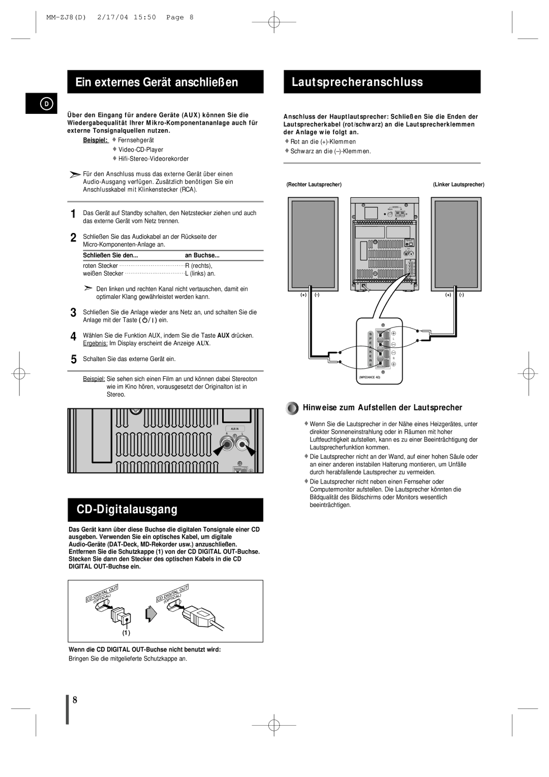 Samsung MMZJ8RH/ELS Ein externes Gerät anschließen, CD-Digitalausgang, Lautsprecheranschluss, Schließen Sie den An Buchse 