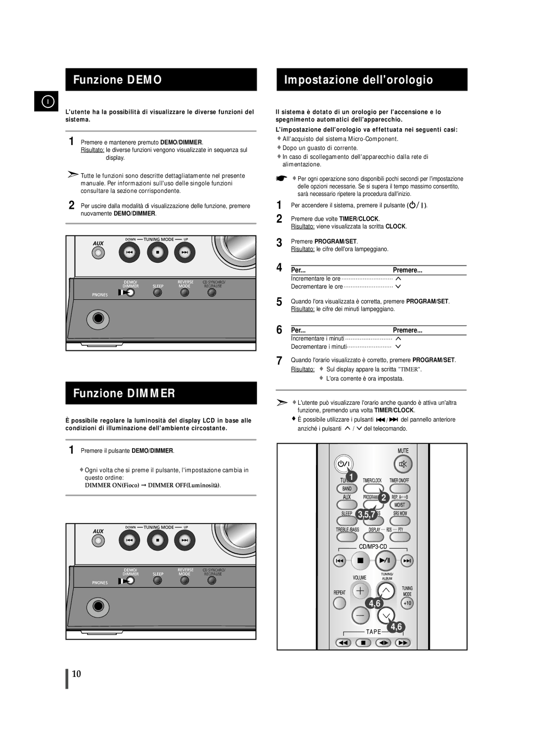 Samsung MMZJ8RH/ELS manual Funzione Demo Impostazione dellorologio, Funzione Dimmer, Premere PROGRAM/SET 