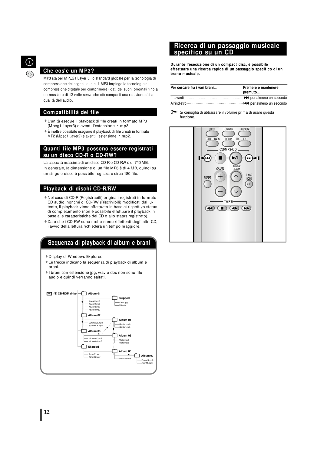 Samsung MMZJ8RH/ELS manual Sequenza di playback di album e brani, Ricerca di un passaggio musicale specifico su un CD 