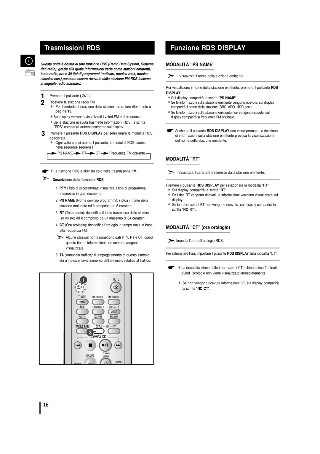 Samsung MMZJ8RH/ELS manual Trasmissioni RDS, Funzione RDS Display, Premere il pulsante, Descrizione della funzione RDS 