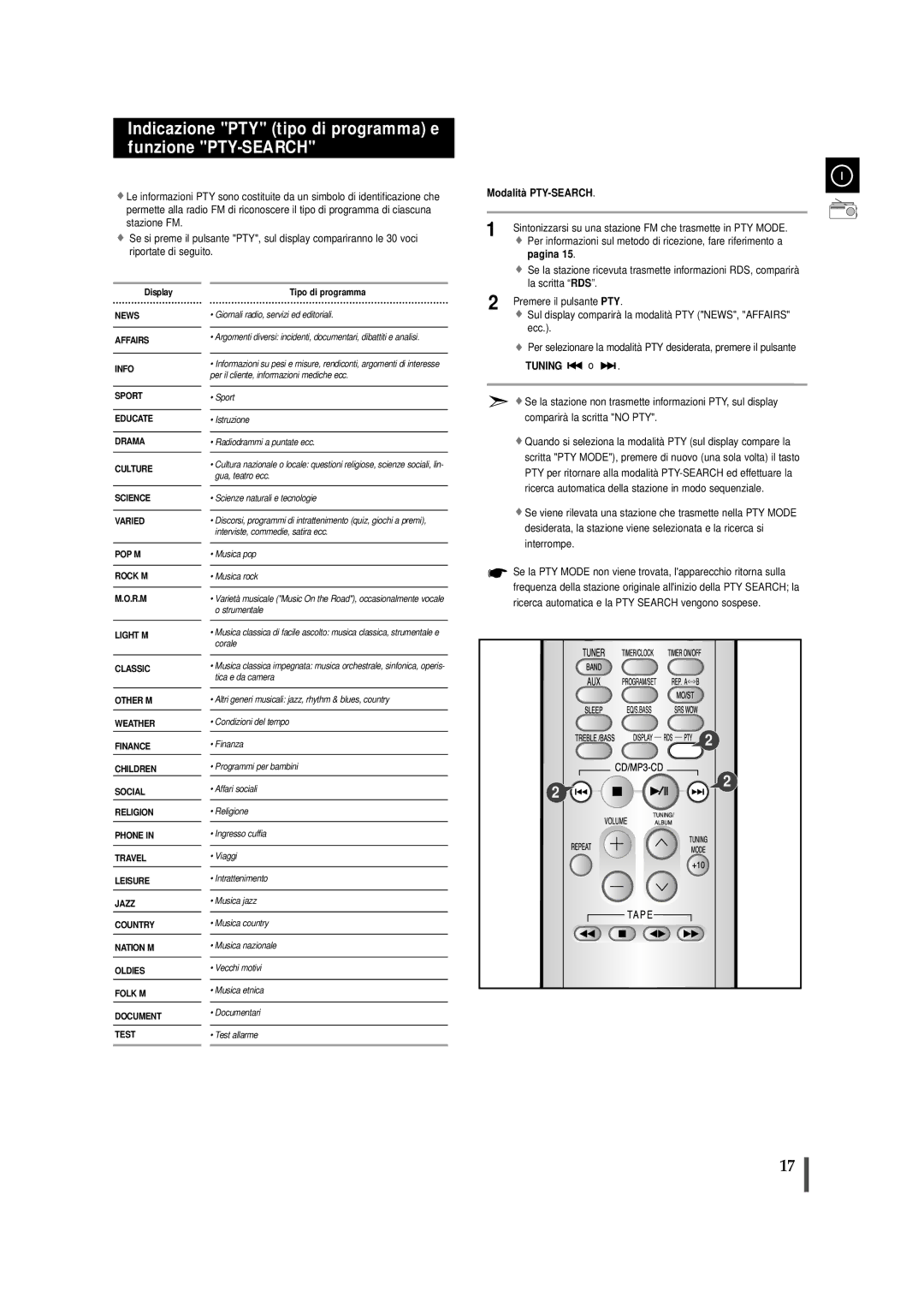 Samsung MMZJ8RH/ELS manual Modalità PTY-SEARCH, Tuning o 