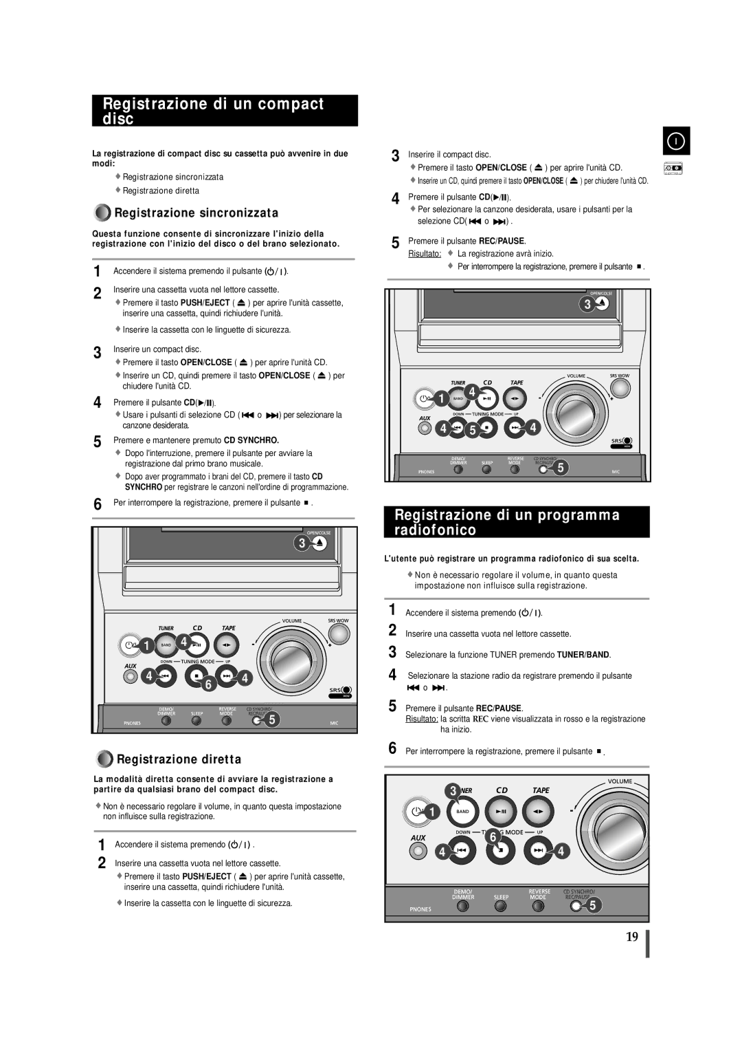 Samsung MMZJ8RH/ELS Registrazione di un compact disc, Registrazione di un programma radiofonico, Inserire il compact disc 