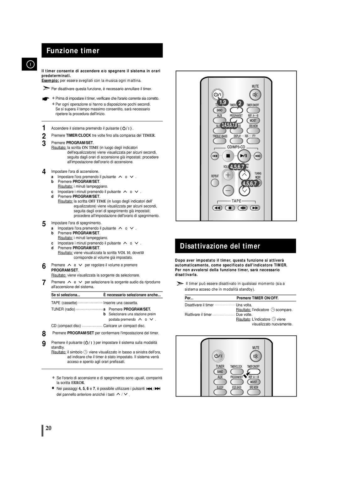 Samsung MMZJ8RH/ELS manual Funzione timer, Disattivazione del timer, Se si seleziona, Per Premere Timer ON/OFF 