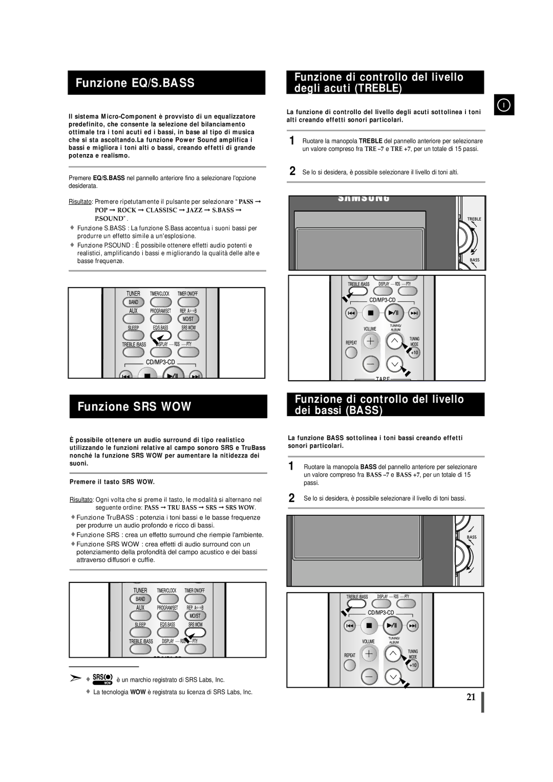 Samsung MMZJ8RH/ELS manual Funzione EQ/S.BASS, Funzione SRS WOW, Funzione di controllo del livello degli acuti Treble 