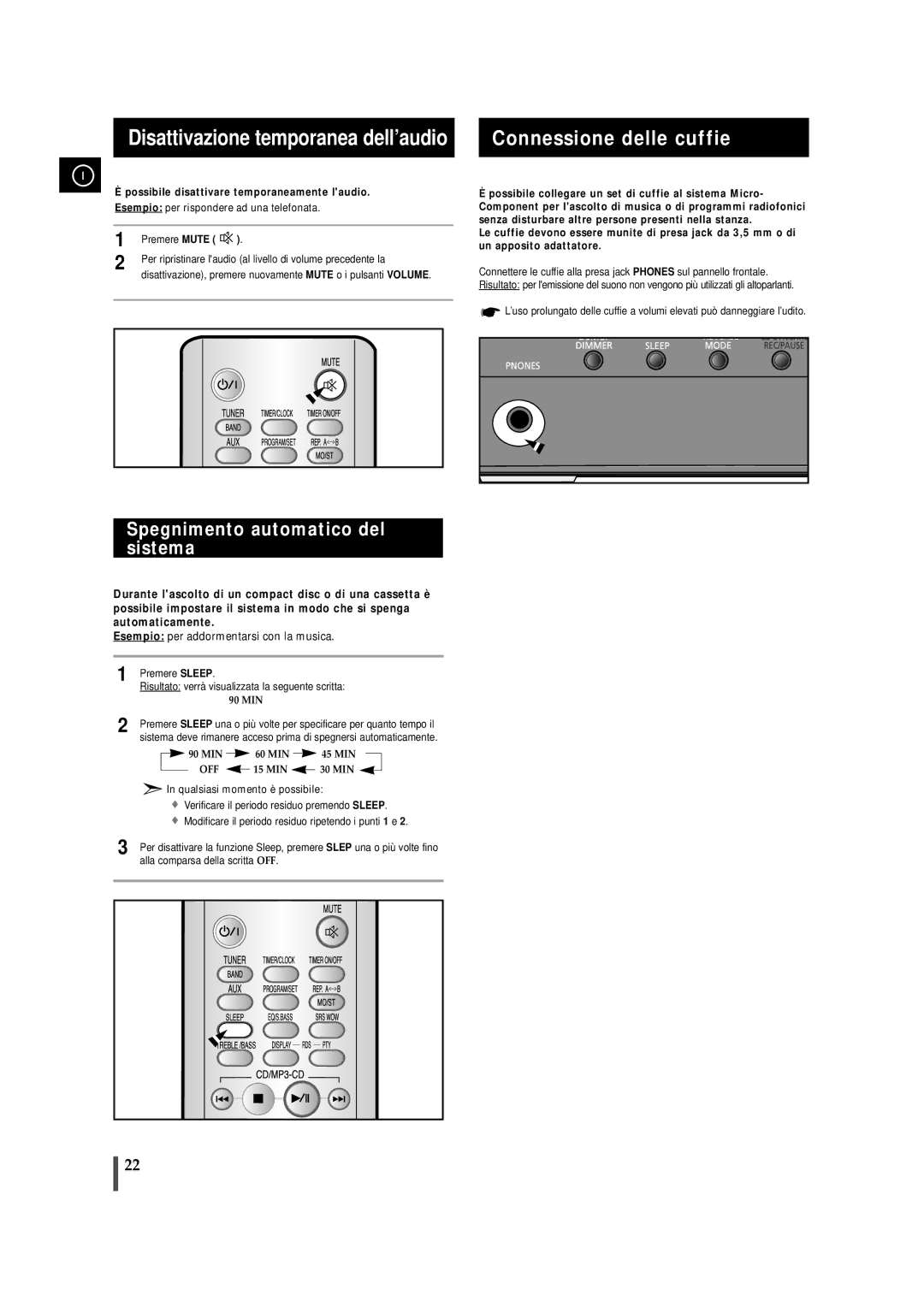 Samsung MMZJ8RH/ELS manual Connessione delle cuffie, Spegnimento automatico del sistema 